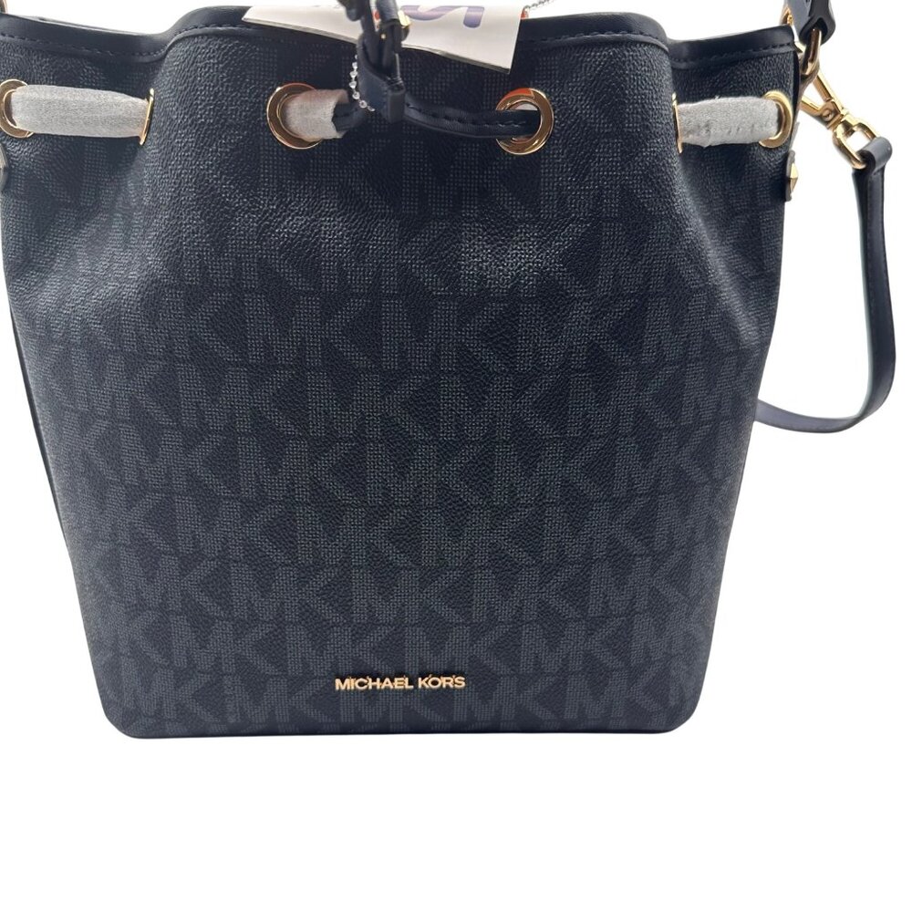 Michael Kors MK Signature Blue Bucket Bag Designer Logo Tote Gold Hardware - Picture 9 of 13